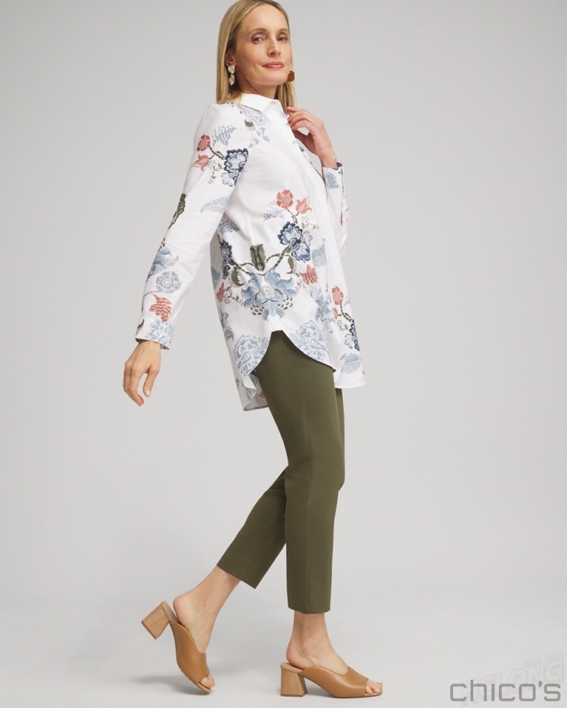 Chico's No Iron Stretch Floral Shirt Blouses & Shirts Optic White | 048-IZFUVG