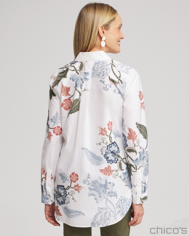 Chico's No Iron Stretch Floral Shirt Blouses & Shirts Optic White | 048-IZFUVG