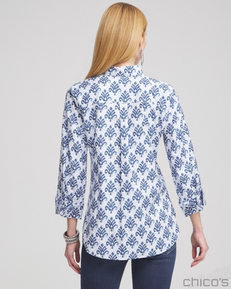 Chico's No Iron Stretch Ikat Shirt Blouses & Shirts French Blue | 874-CTDFJK