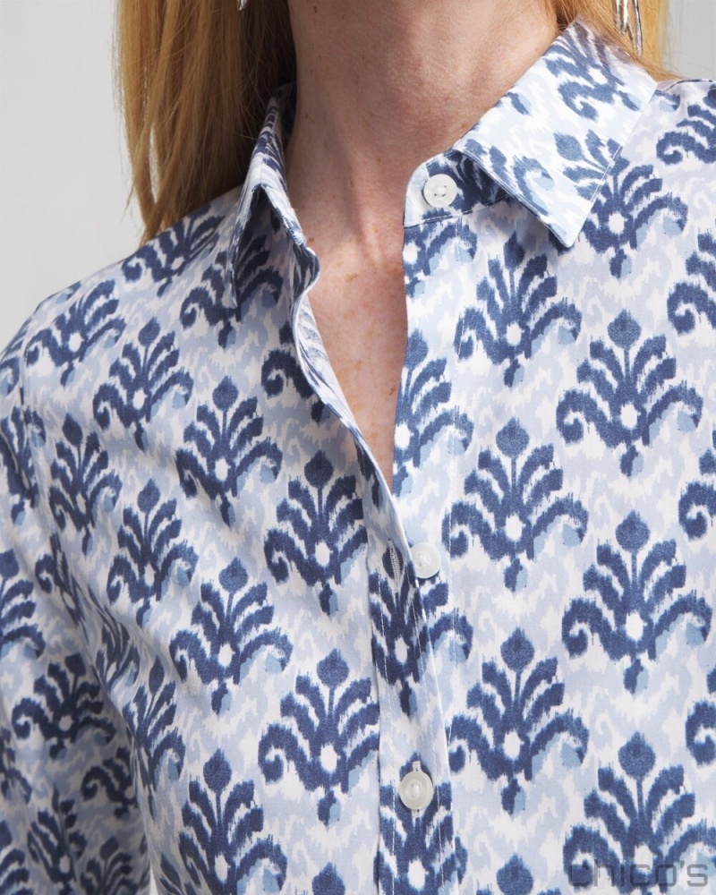 Chico's No Iron Stretch Ikat Shirt Blouses & Shirts French Blue | 874-CTDFJK