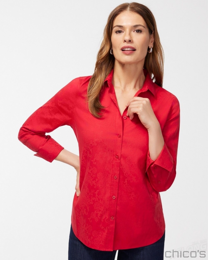 Chico's No Iron Stretch Jacquard Print Shirt Blouses & Shirts Wild Poppy | 271-XLTGVZ