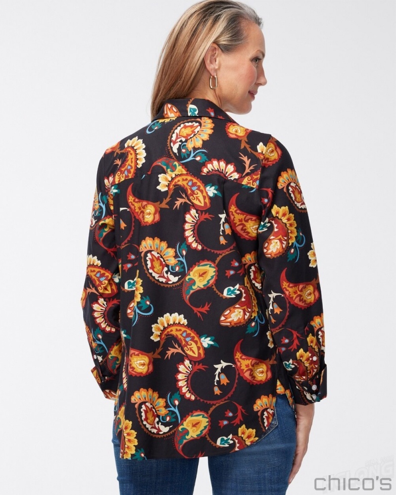 Chico's No Iron Stretch Paisley Shirt Blouses & Shirts Black | 543-LGUSOI