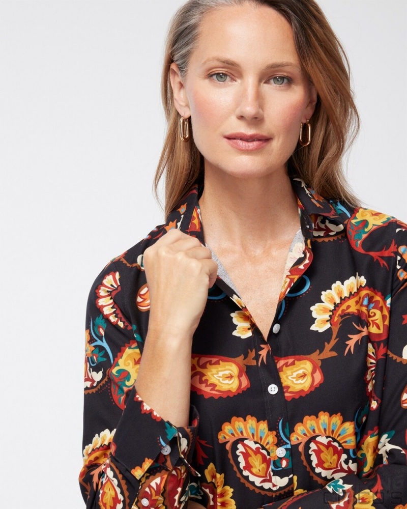 Chico's No Iron Stretch Paisley Shirt Blouses & Shirts Black | 543-LGUSOI