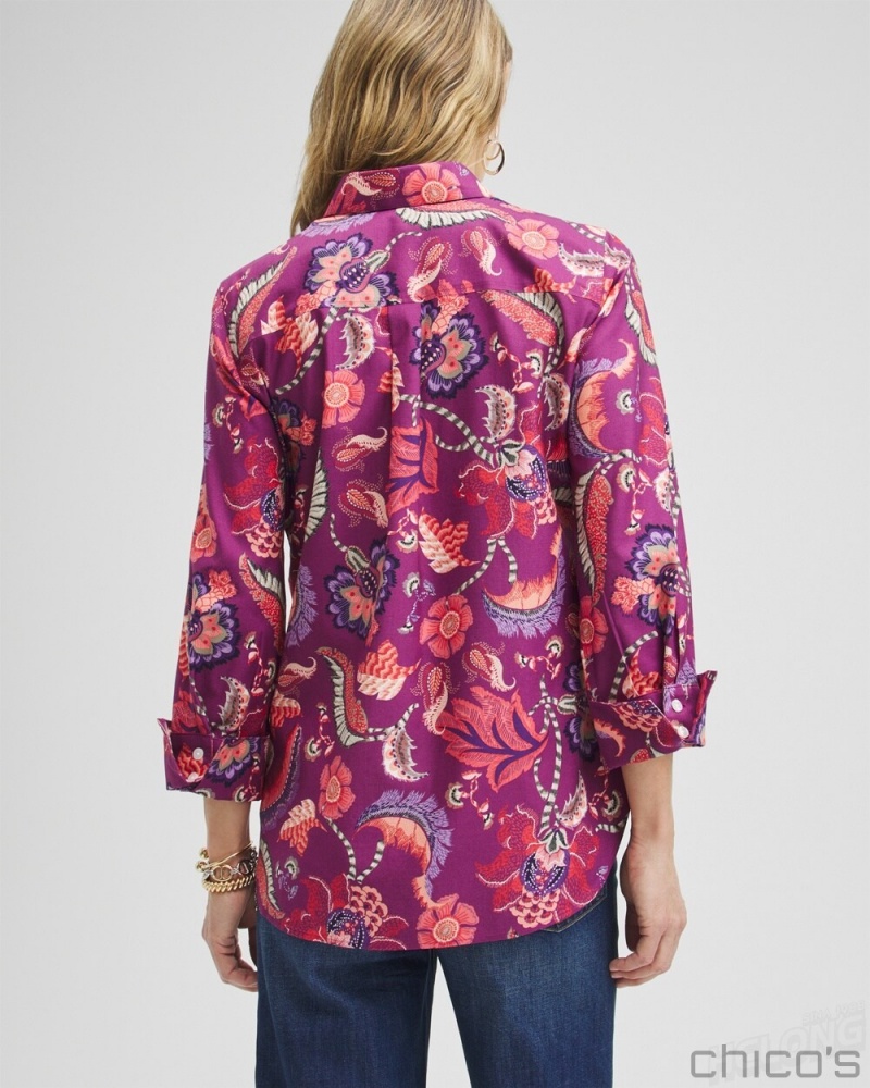 Chico's No Iron Stretch Paisley Shirt Blouses & Shirts Plumberry | 296-JGNCPB