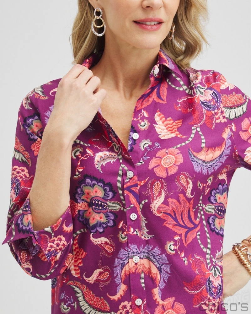 Chico's No Iron Stretch Paisley Shirt Blouses & Shirts Plumberry | 296-JGNCPB