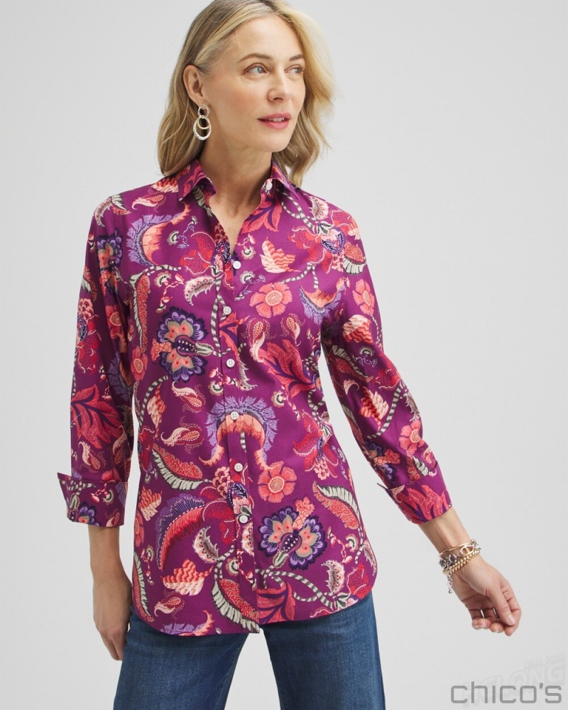 Chico\'s No Iron Stretch Paisley Shirt Blouses & Shirts Plumberry | 296-JGNCPB