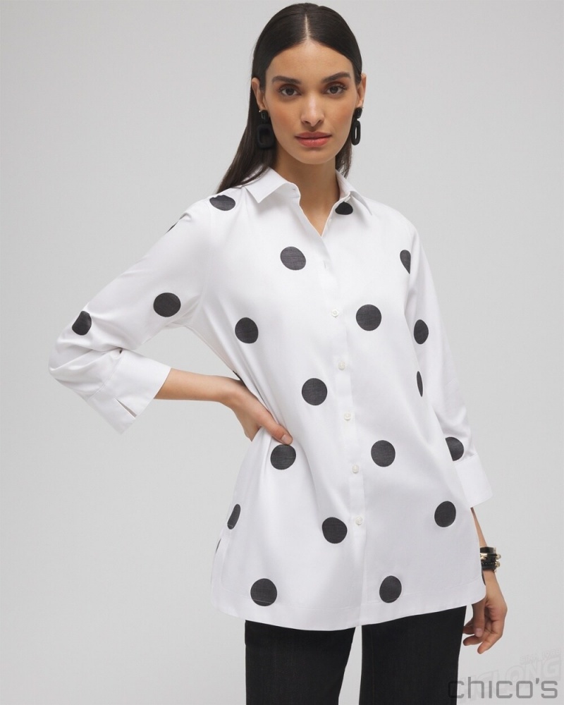 Chico's No Iron Stretch Polka Dot Tunic Blouses & Shirts Optic White | 136-ESAJNC