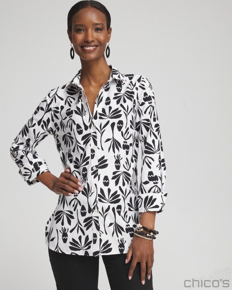 Chico's No Iron Stretch Pottery Shirt Blouses & Shirts Optic White/Black | 254-BIAVQF