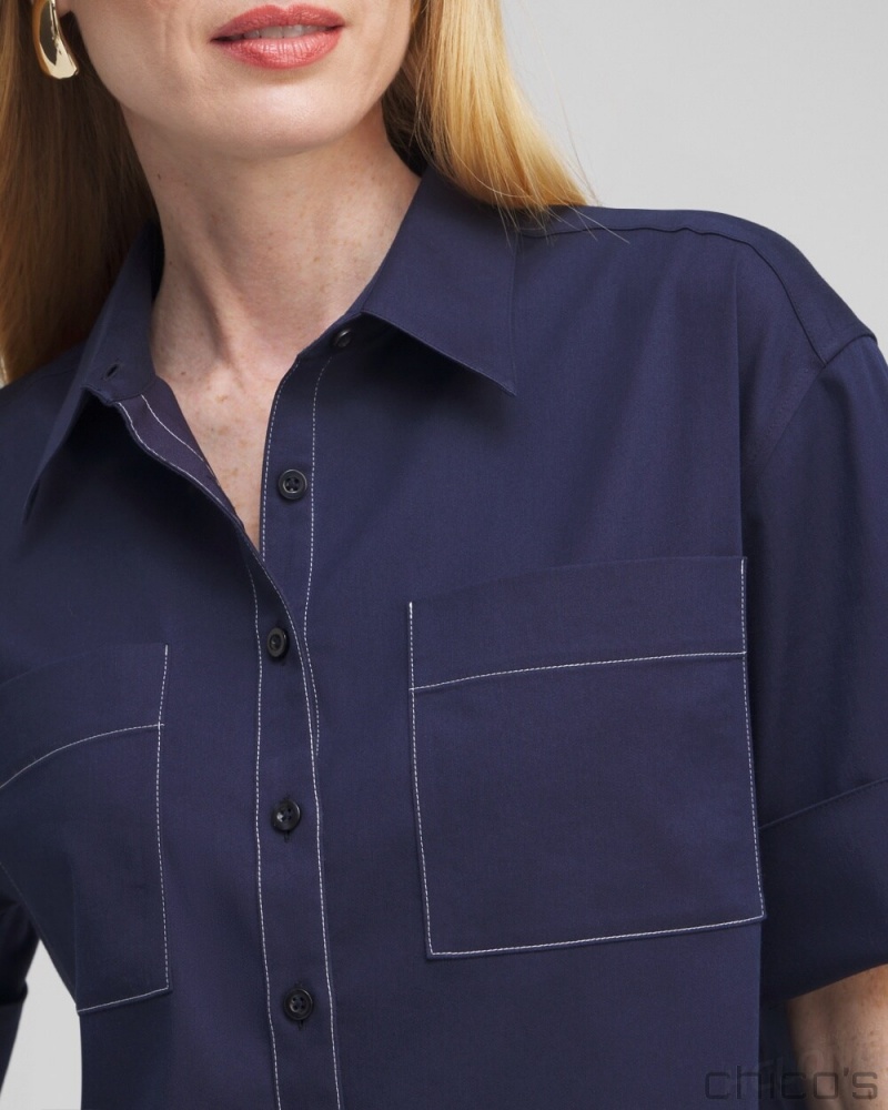 Chico's No Iron Stretch Short Sleeve Shirt Blouses & Shirts Classic Navy | 713-DJPINA