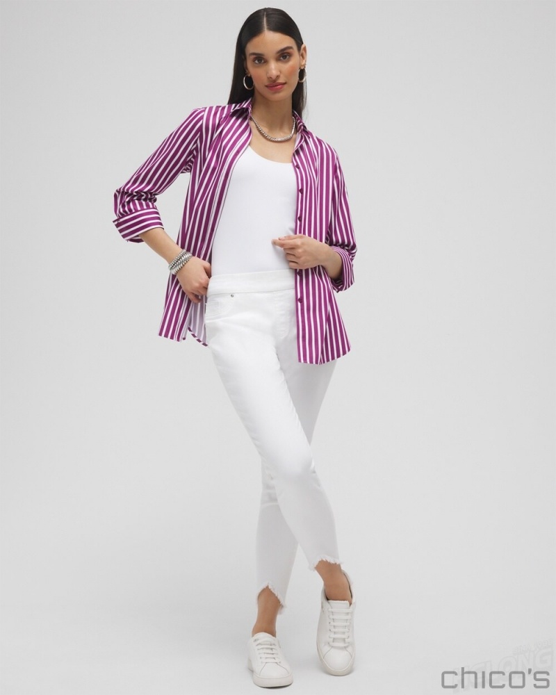 Chico's No Iron Stretch Stripe Shirt Blouses & Shirts Fresh Plum | 460-TMKBEQ