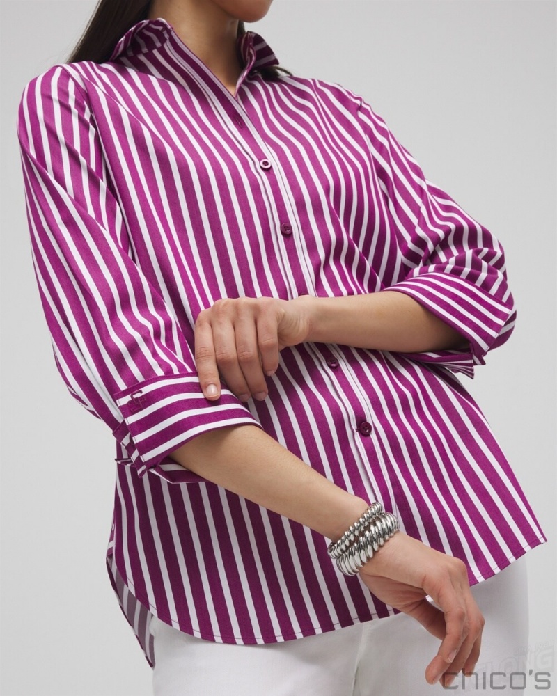 Chico's No Iron Stretch Stripe Shirt Blouses & Shirts Fresh Plum | 460-TMKBEQ