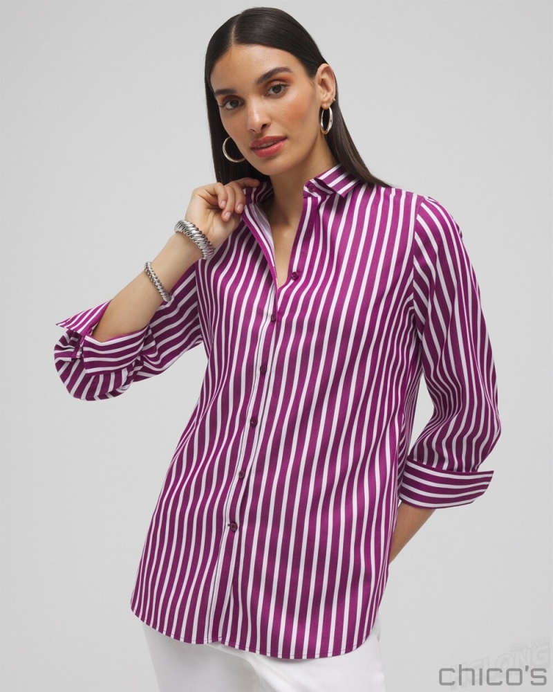 Chico\'s No Iron Stretch Stripe Shirt Blouses & Shirts Fresh Plum | 460-TMKBEQ