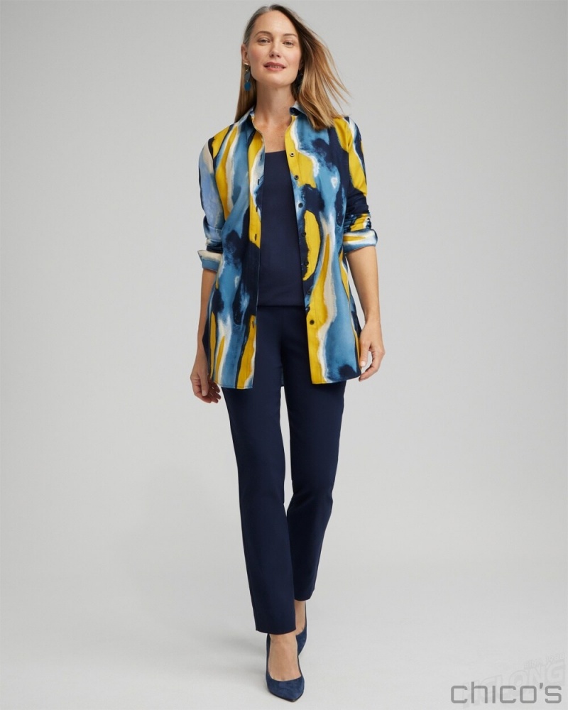 Chico's No Iron Stretch Swirl Print Tunic Tops Classic Navy | 537-JVEROC