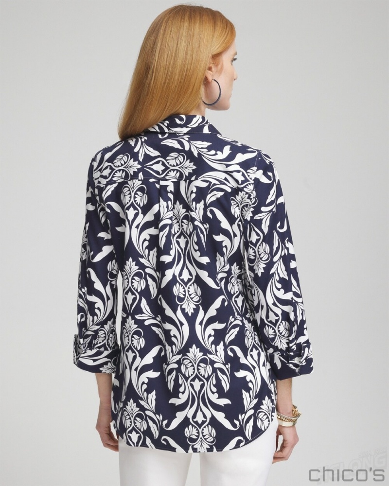 Chico's No Iron Stretch Swirl Shirt Blouses & Shirts Classic Navy/White | 267-CALBXP