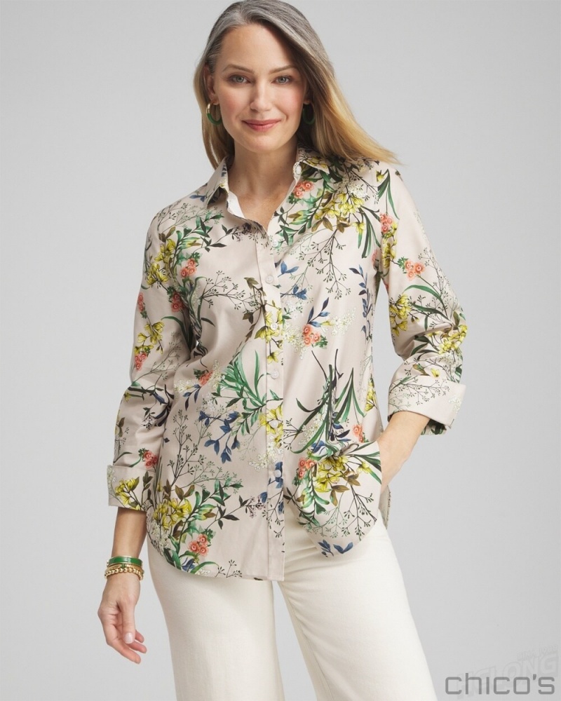 Chico's No Iron Stretch Wildflower 3/4 Sleeve Shirt Blouses & Shirts Oatmeal | 903-FWZALG