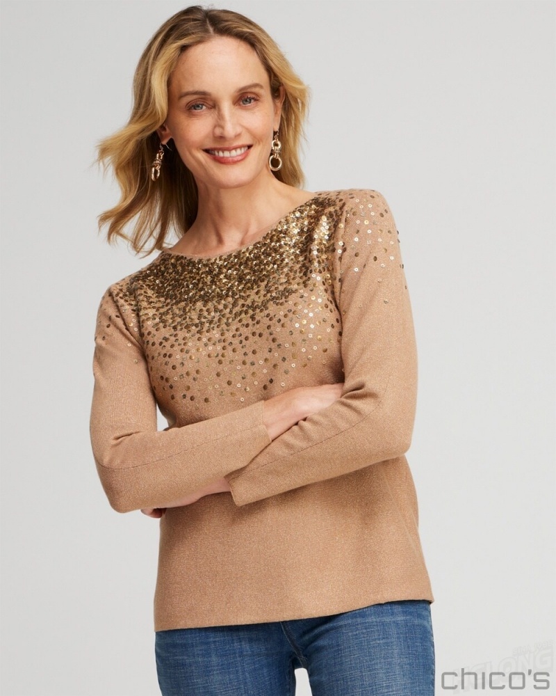 Chico's Ombre Sequin Pullover Sweater Sweaters Faux Camel Heather | 143-YTGLQN