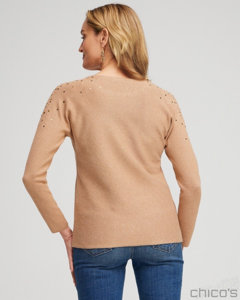 Chico's Ombre Sequin Pullover Sweater Sweaters Faux Camel Heather | 143-YTGLQN