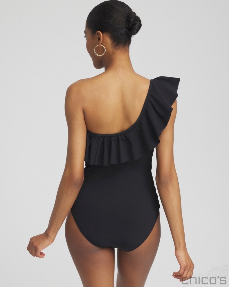 Chico's One Shoulder One Piece Swimsuit Swim Black | 784-LPEJYG