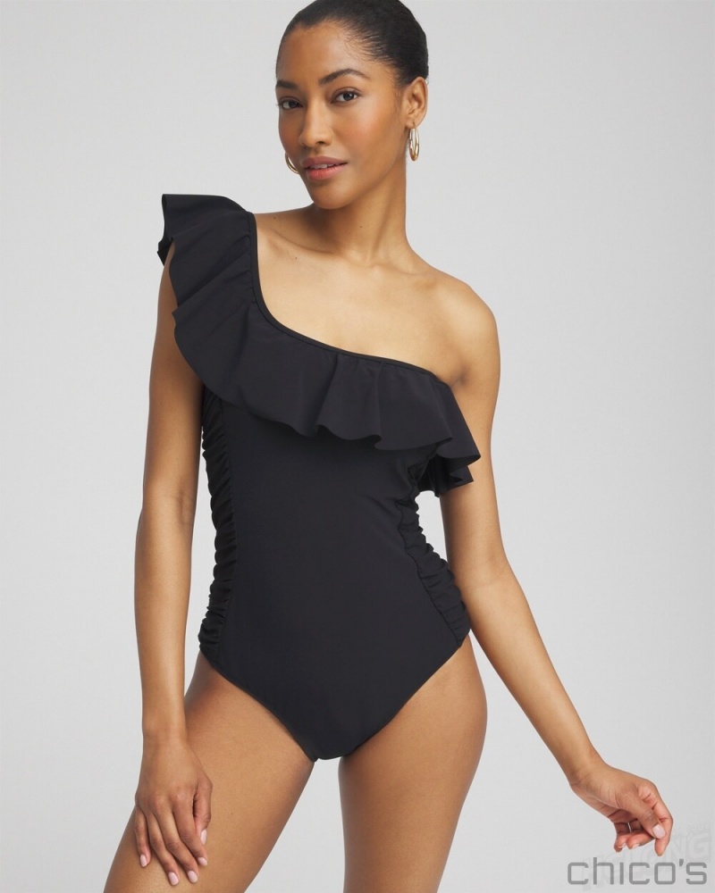 Chico\'s One Shoulder One Piece Swimsuit Swim Black | 784-LPEJYG