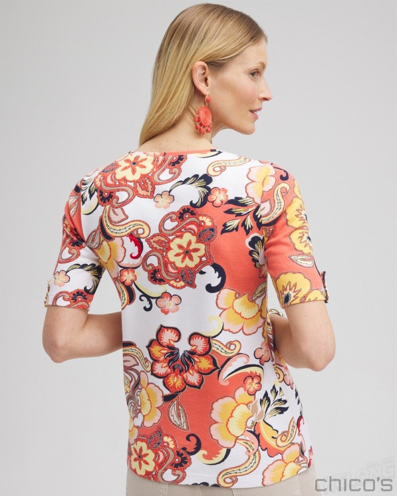 Chico's Paisley Elbow Sleeve Cotton Tee Tees & Tanks Nectarine | 180-ALIPGS