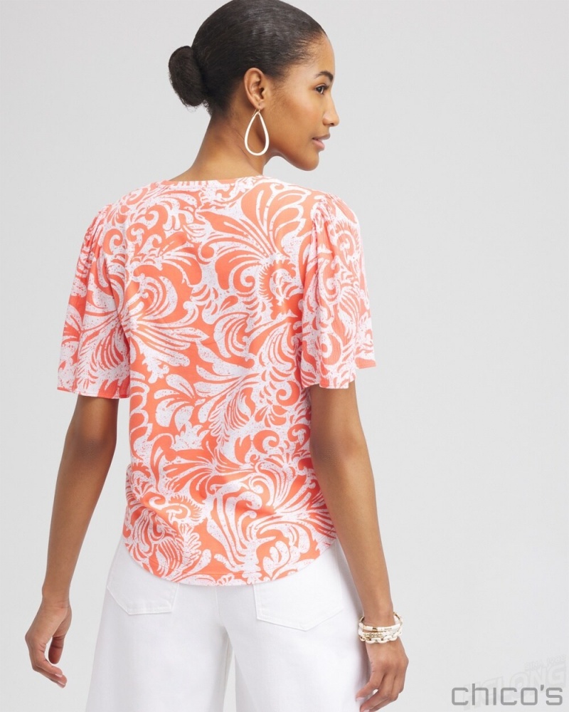 Chico's Paisley Gauze Flutter Sleeve Top Tees & Tanks Nectarine | 859-AQLSXJ