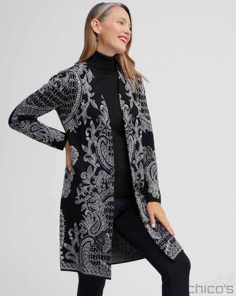 Chico\'s Paisley Lurex Cardigan Sweater Sweaters Black | 135-PGCWTR