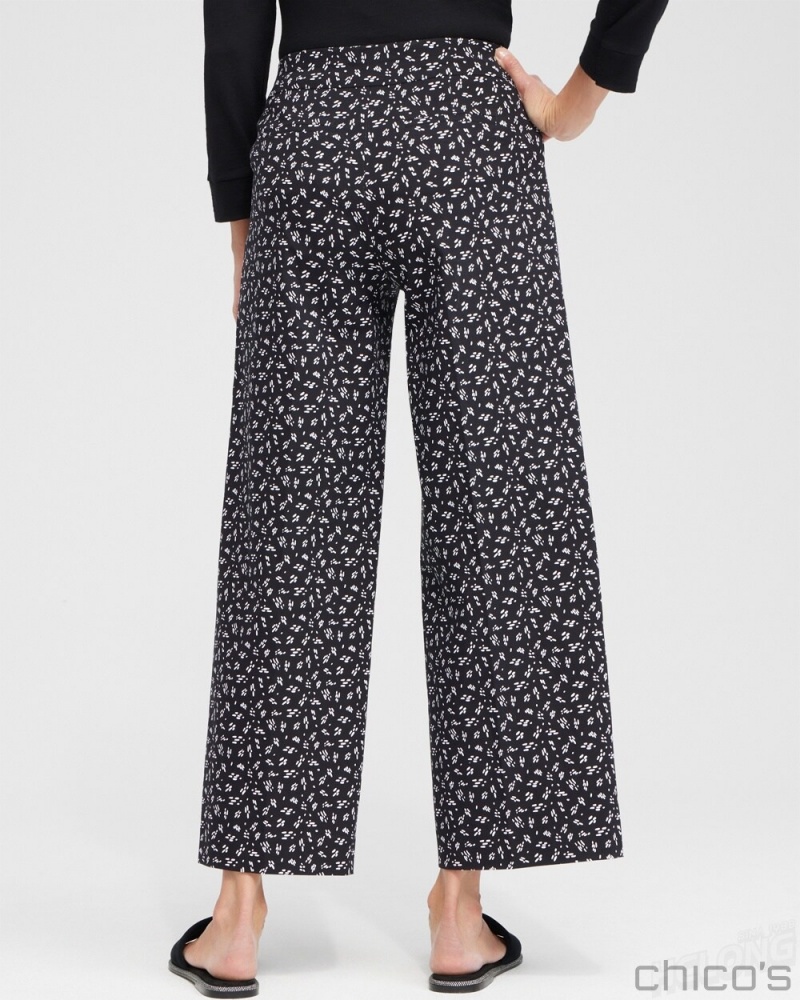 Chico's Petite Brigitte Line Print Wide Leg Cropped Pants Pants Black/Alabaster | 978-AFSYLU