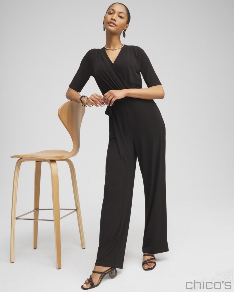 Chico's Petite Elbow Sleeve Jumpsuit Jumpsuits Black | 310-EMRICQ