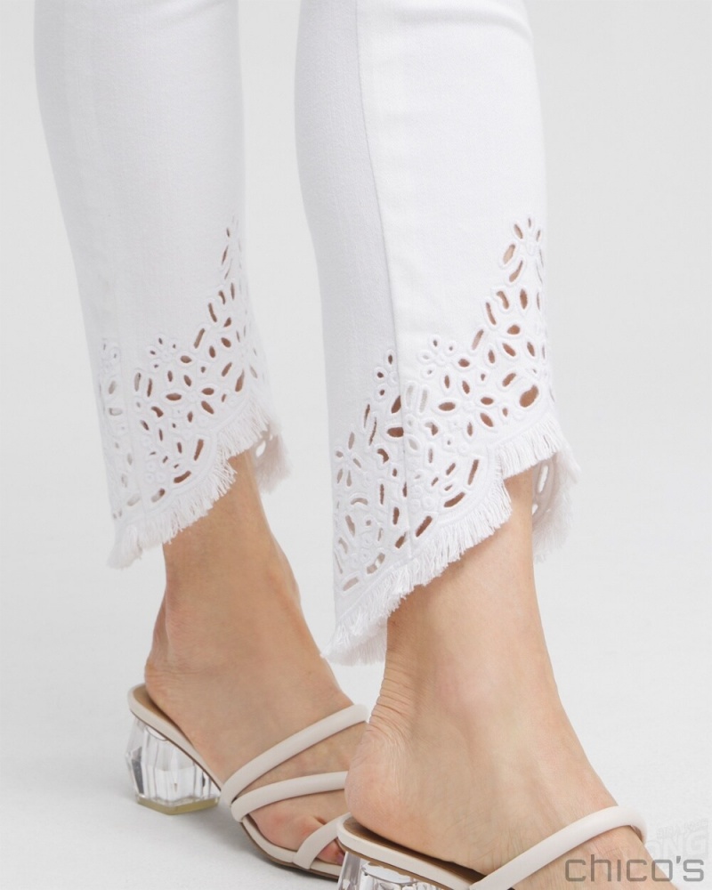 Chico's Petite Eyelet Tulip Hem Pull-on Ankle Jeggings Pants Alabaster | 285-HDOVTW