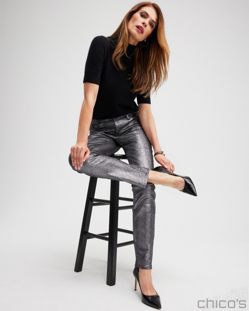 Chico's Petite Girlfriend Coated Ankle Jeans Jeans & Denim Gunmetal Black Croc Foil | 029-OXBFTH