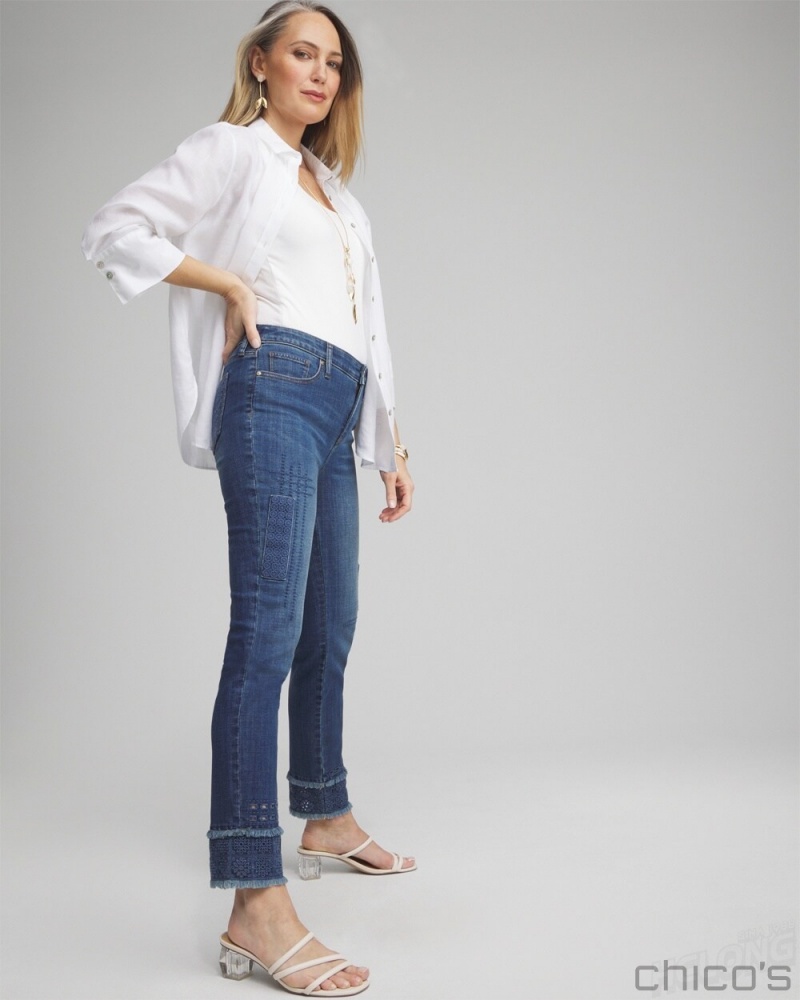 Chico's Petite Girlfriend Double Fray Ankle Jeans Jeans & Denim Palomino Indigo | 180-IQUVXZ