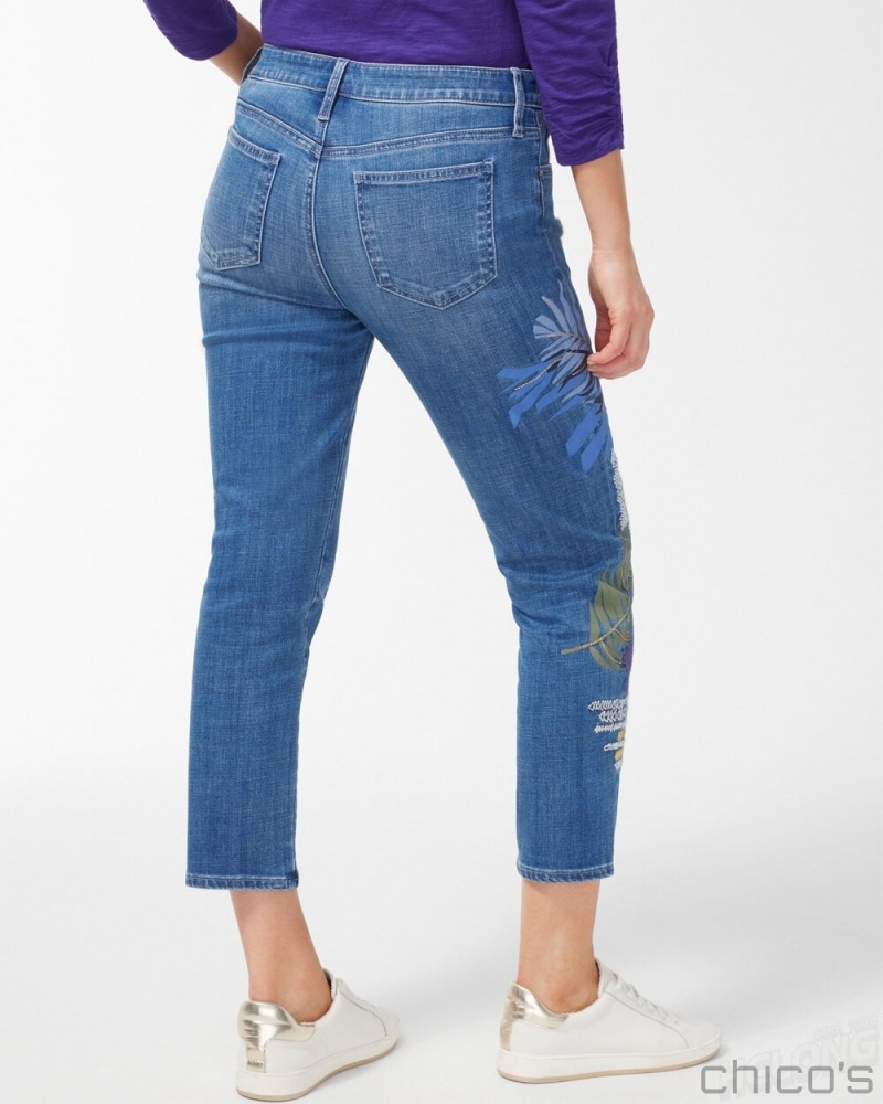 Chico's Petite Girlfriend Embroidered Palms Crops Jeans & Denim Corfu Indigo | 203-XFJLYN