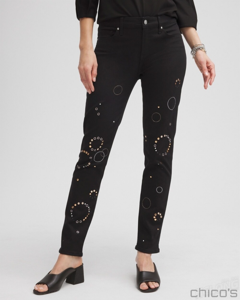 Chico's Petite Girlfriend Grommet Detail Ankle Jeans Jeans & Denim Black | 482-UNHTKX