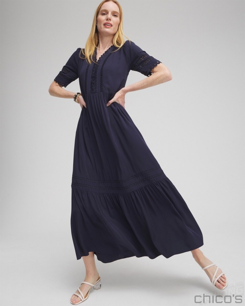 Chico's Petite Silk Blend Rick Rack Trim Dress Dresses & Skirts Classic Navy | 659-EOIGFV