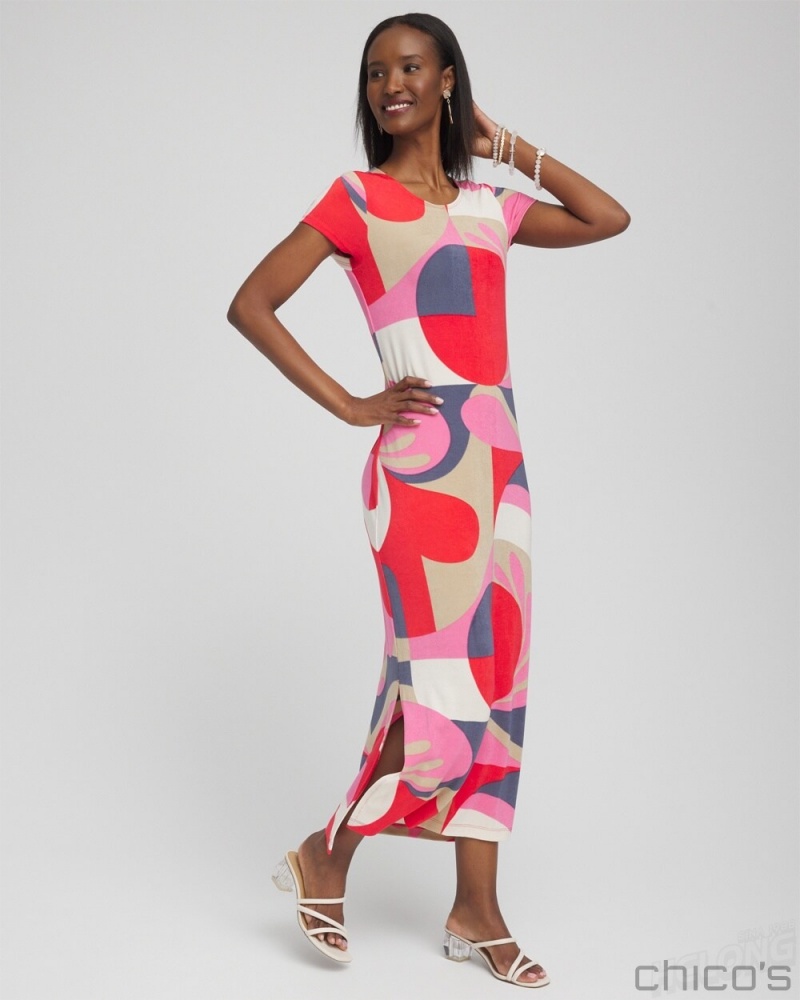 Chico's Petite Travelers Abstract Maxi Dress Dresses & Skirts Watermelon Punch | 359-IWOHNM