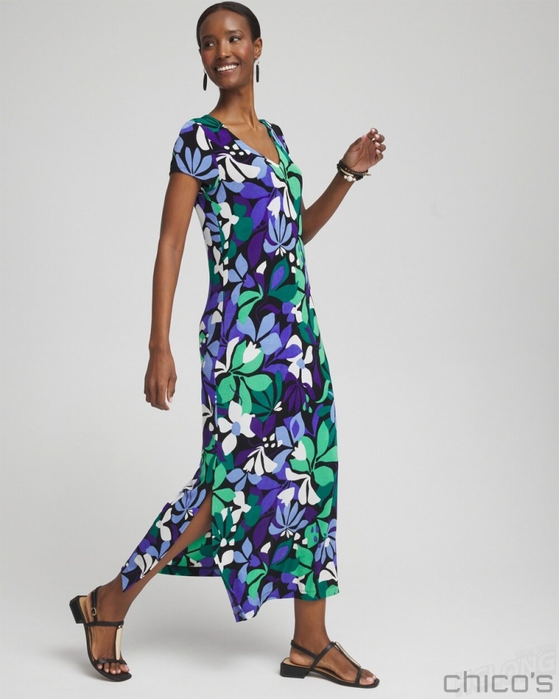 Chico's Petite Travelers Floral V-neck Maxi Dress Dresses & Skirts Purple Nightshade | 053-NJZHUD