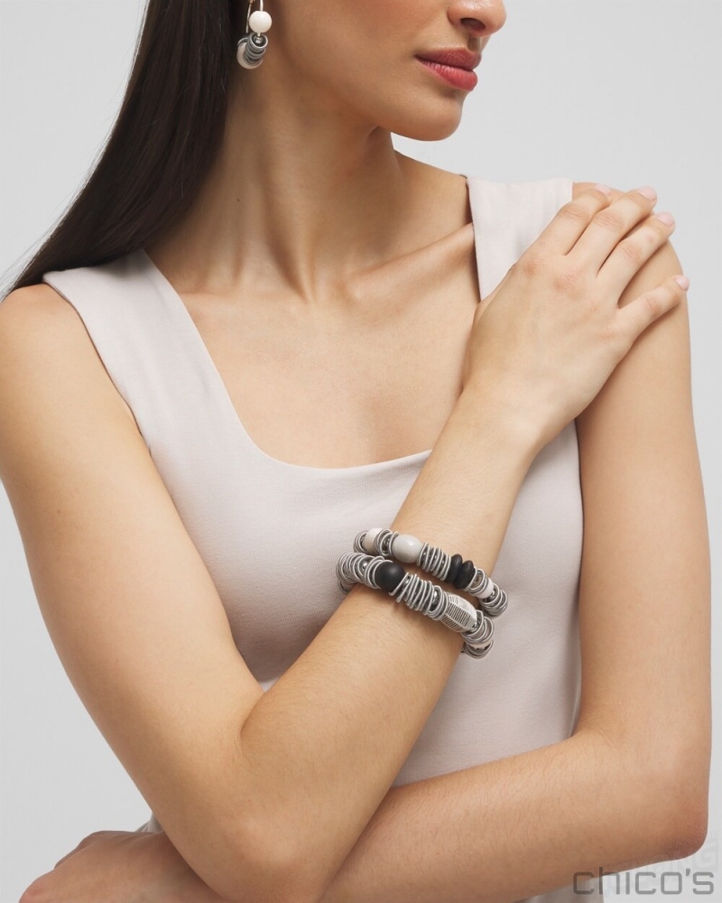 Chico's Piano Wire Stretch Bracelet Set Bracelets Black And Neutral | 581-GKPNXQ