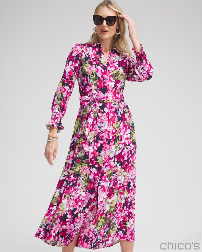 Chico's Pink Floral Maxi Shirt Dress Dresses Multi | 739-PQDZVT