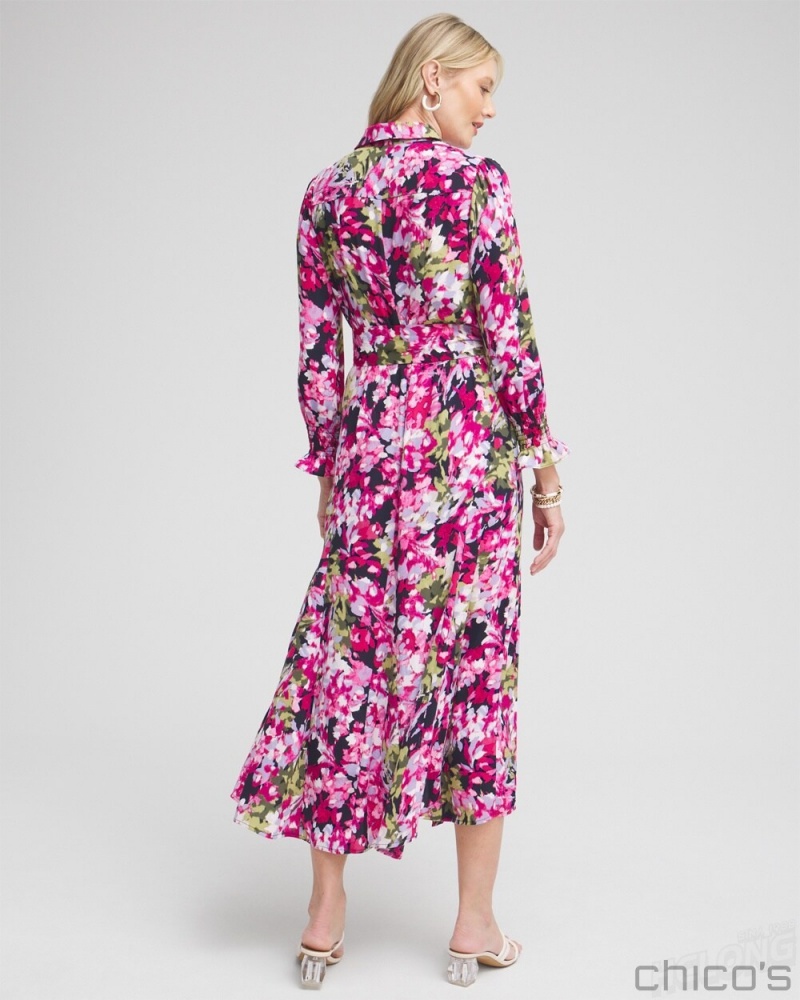 Chico's Pink Floral Maxi Shirt Dress Dresses Multi | 739-PQDZVT