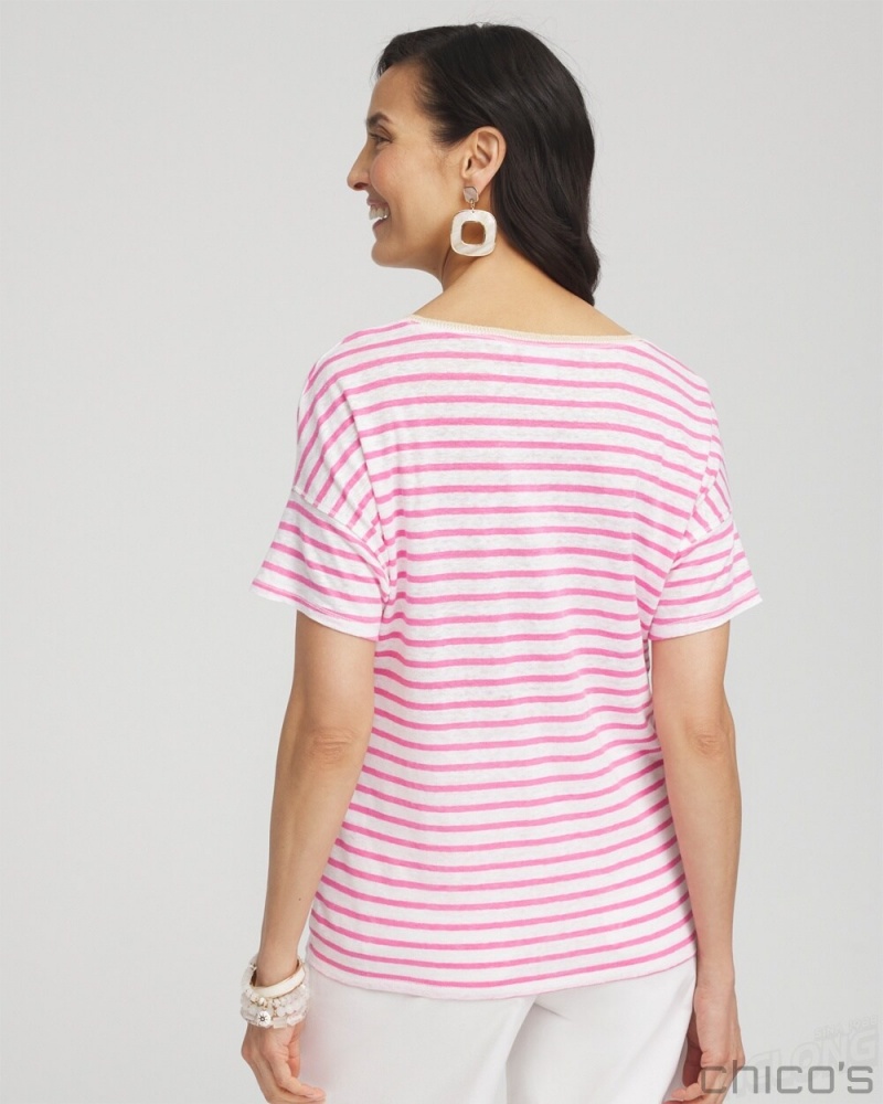 Chico's Pink Stripe Sweater Trim Tee Tees & Tanks DELIGHTFUL PINK | 784-QZITYV