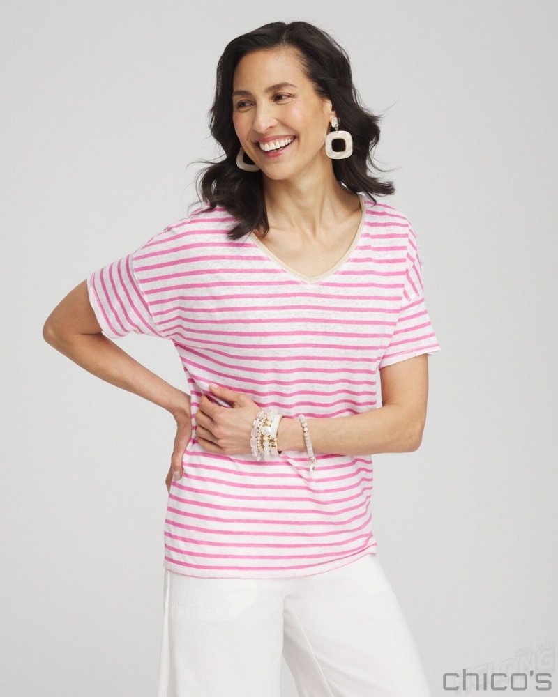 Chico\'s Pink Stripe Sweater Trim Tee Tees & Tanks DELIGHTFUL PINK | 784-QZITYV