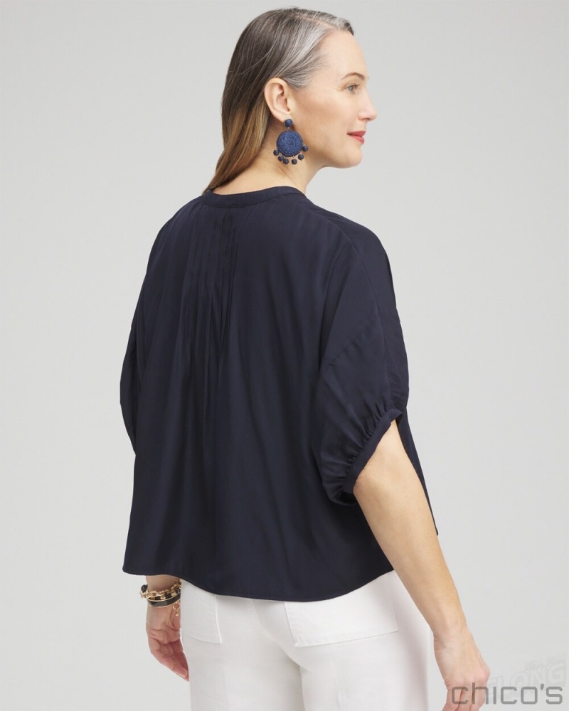 Chico's Pintuck Dolman Sleeve Shirt Blouses & Shirts Classic Navy | 145-NWVPSY