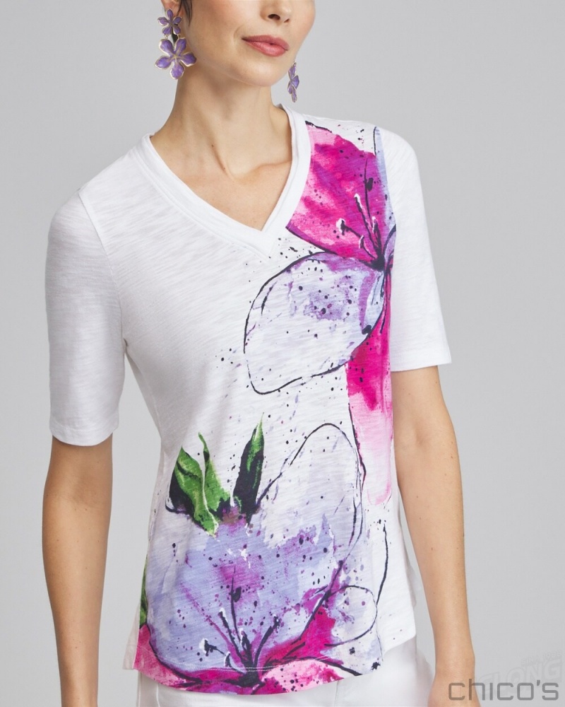 Chico's Placed Floral Elbow Sleeve A-line Tee Tees & Tanks Parisian Purple | 198-AWCZVQ