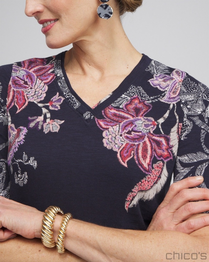 Chico's Placed Floral Elbow Sleeve A-line Tee Tees & Tanks Ginger Rose | 978-JCBUYX