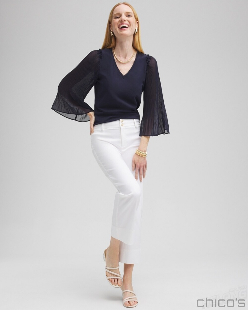 Chico's Pleated Billow Sleeve Top Tees & Tanks Classic Navy | 418-YVNLWA