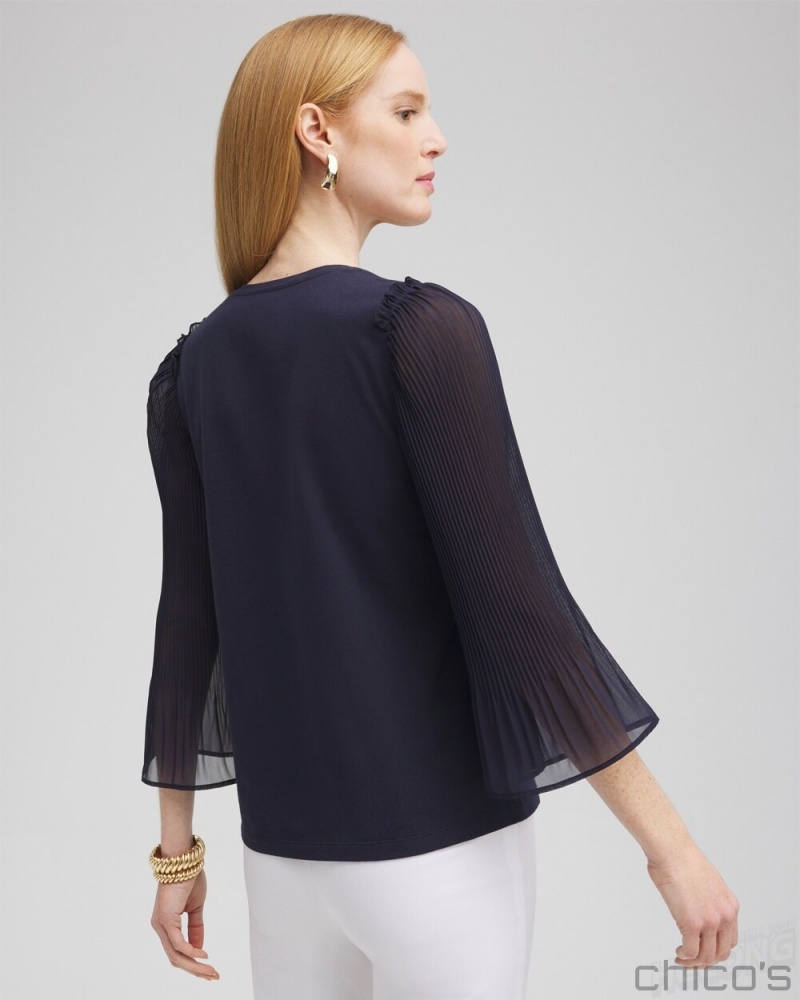 Chico's Pleated Billow Sleeve Top Tees & Tanks Classic Navy | 418-YVNLWA