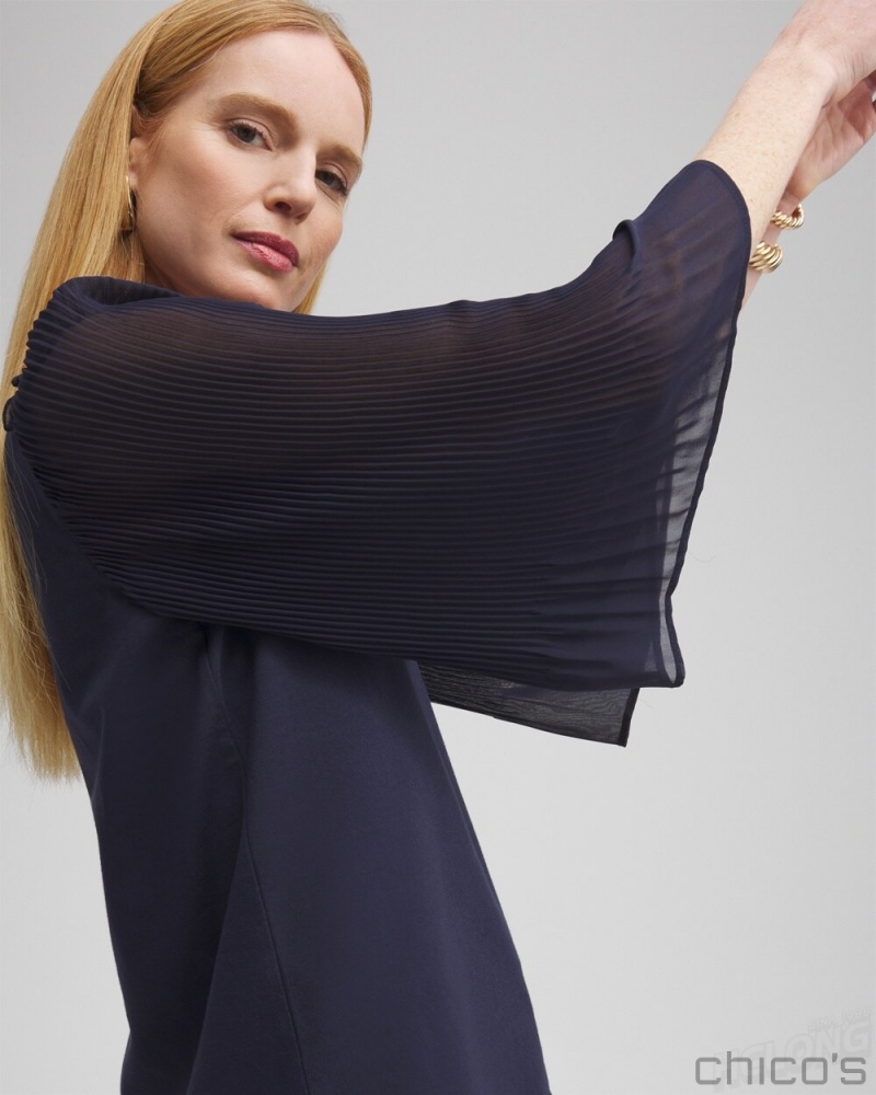 Chico's Pleated Billow Sleeve Top Tees & Tanks Classic Navy | 418-YVNLWA