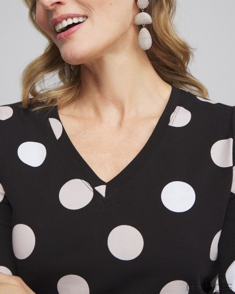 Chico's Polka Dot 3/4 Sleeve Perfect Tee Tees & Tanks Black | 305-WSYINV