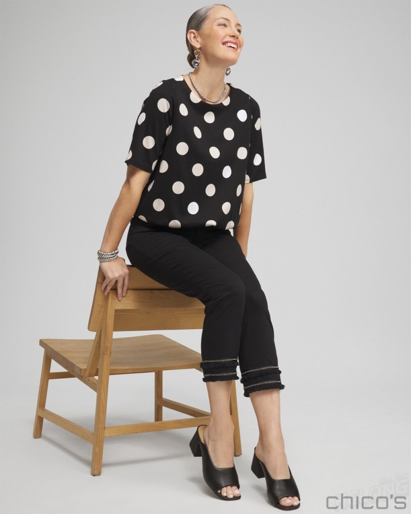 Chico's Polka Dot Bubble Hem Top Tees & Tanks Black | 738-AXCZYE