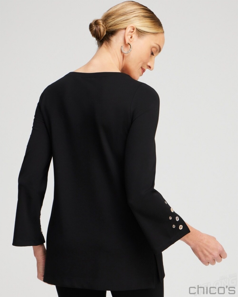 Chico's Ponte Grommet Flare Sleeve Top Tops Black | 731-ZGPAED